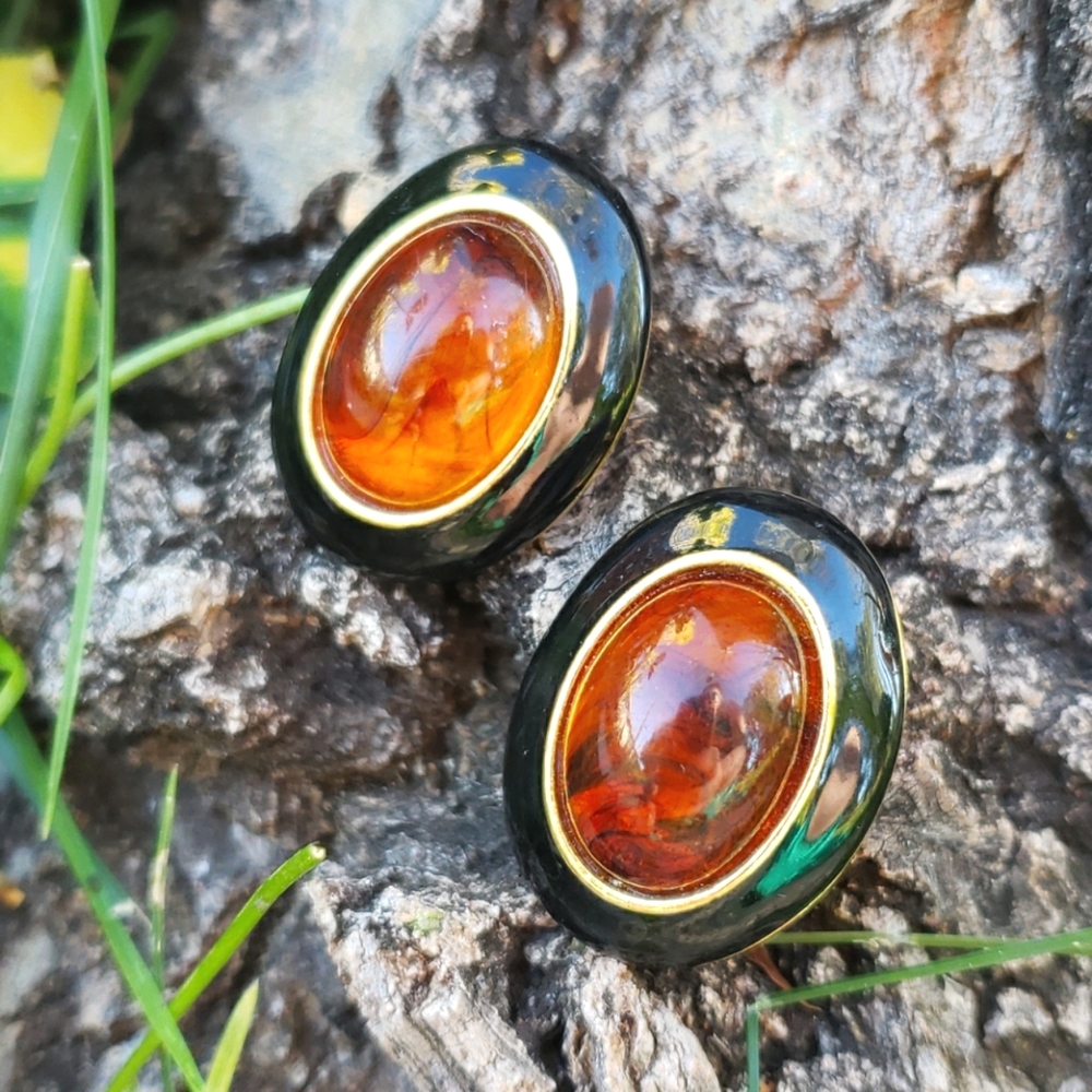 Vtg Swirled Rooter Lucite Cabochon Enamel Earrings - Picture 2 of 13